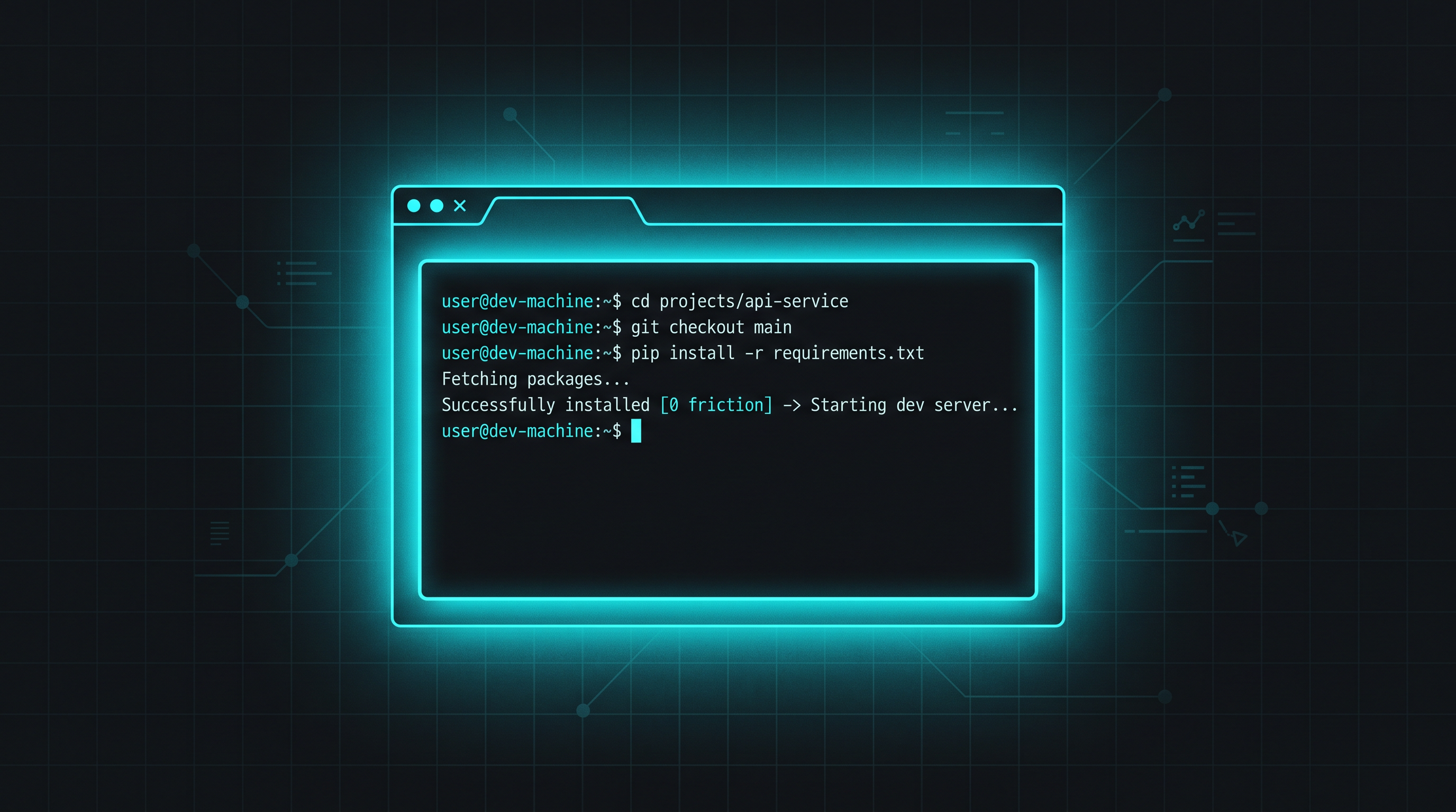A browser window opening directly to a terminal interface with cyan light radiating outward on a dark background