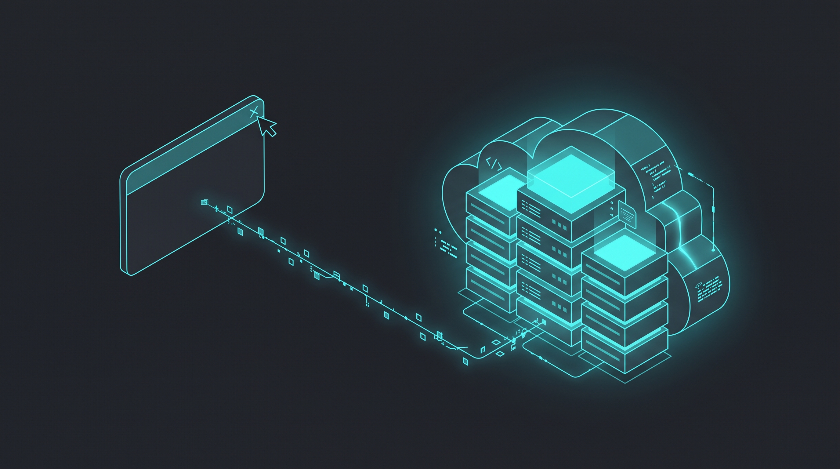 A browser tab closing while a cloud server glows with cyan light, connected by a data stream, on a dark background