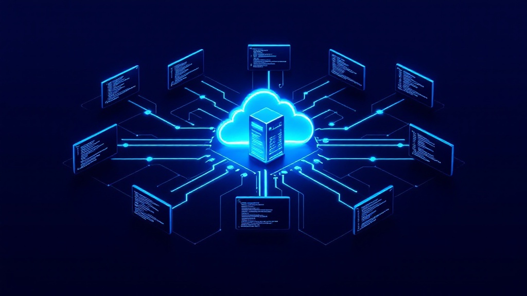 A grid of 10 glowing terminal windows each with cyan code on dark backgrounds, connected to a central cloud icon