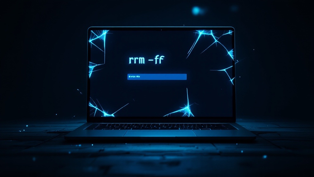 Terminal showing rm -rf command with cyan light cracking through the screen on a dark background
